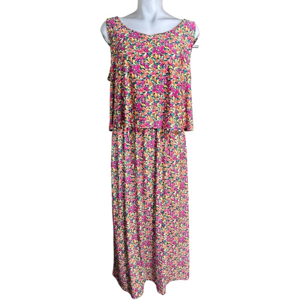 Sabrina Lauren Floral Maxi Dress XL Pink Multicolor Cold Shoulder Boho - Picture 2 of 10